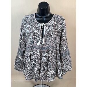 Women M Babydoll Floral Cottage Blouse Peasant Flowy Boho Bell Sleeve Paisley
